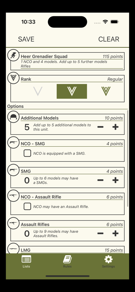 2nd In Command: Bolt Action - 2nd In Commandアプリで、Heer Grenadier Squadの編成構成インターフェース。ポイントと装備オプションが表示されている