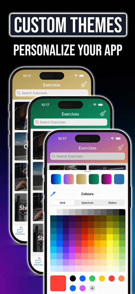 Gym Exercises & Workouts - Personaliza la aplicación Gym Exercises and Workouts con temas de color personalizados y un selector de color incorporado.