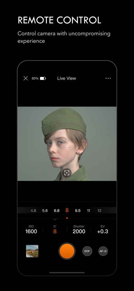 Interface of Phocus Mobile 2 app showing remote camera control and live view