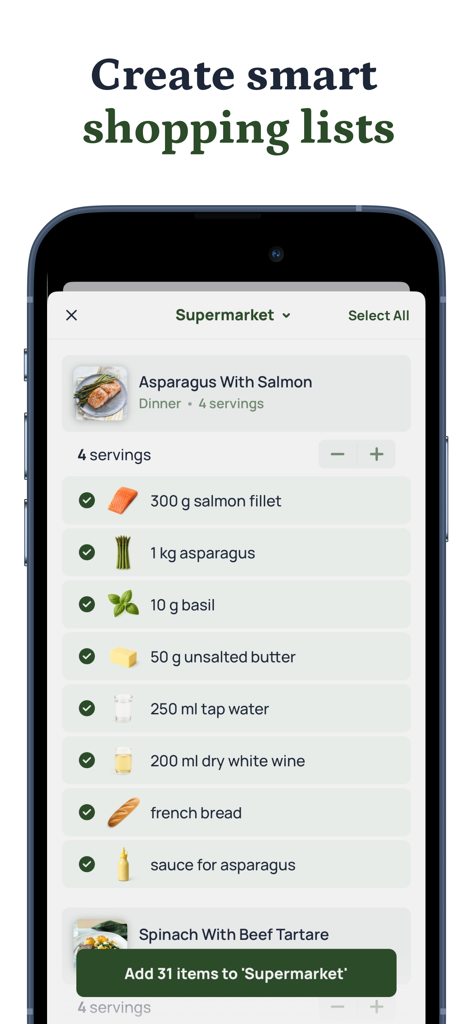 Avocadish: Recipes & Mealplan - Interface de l'application Avocadish montrant une liste d'épicerie intelligente avec les ingrédients pour une recette de Saumon aux asperges.