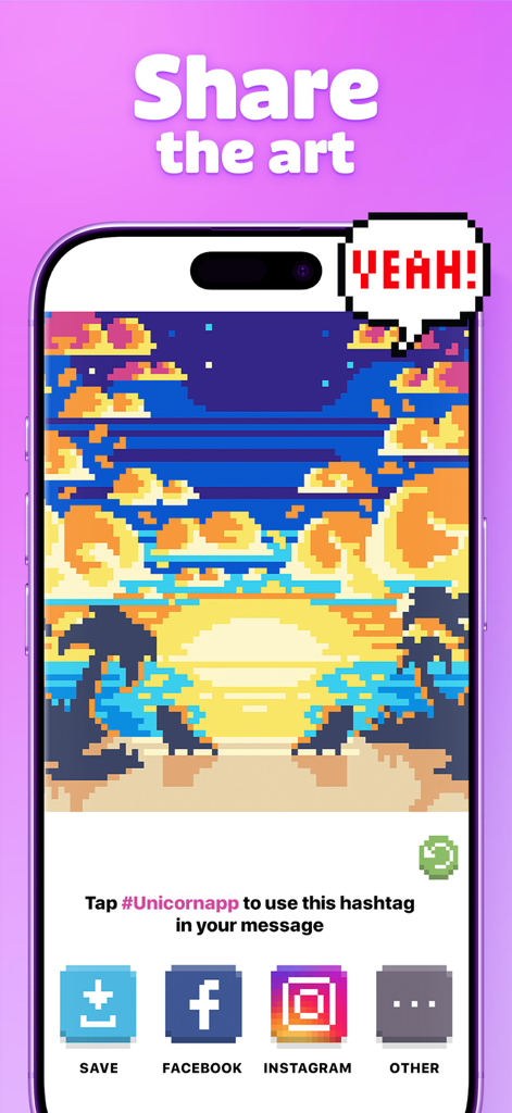 Sharing screen in Unicorn Color by Number app featuring a pixel art sunset and social media export buttons