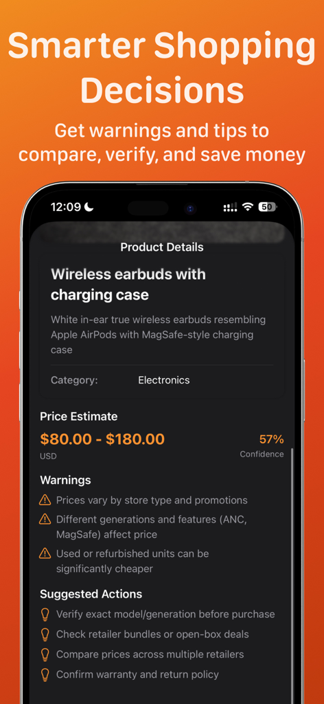 Price Identifier: Scan & Check - Mobile app screen showing AI price estimates and shopping warnings for electronic earbuds