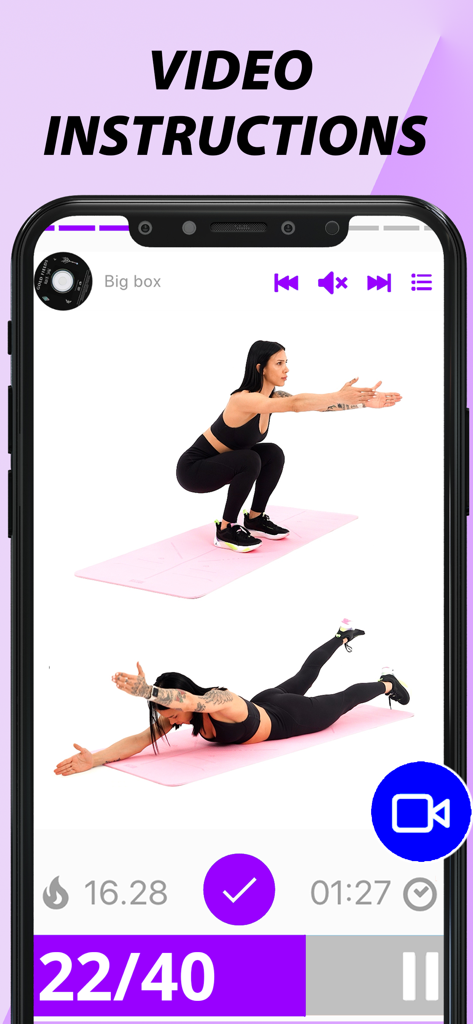 Home Workout-Fitness for Women - Mobile app interface showing video instructions for womens home exercises including squats and back extensions