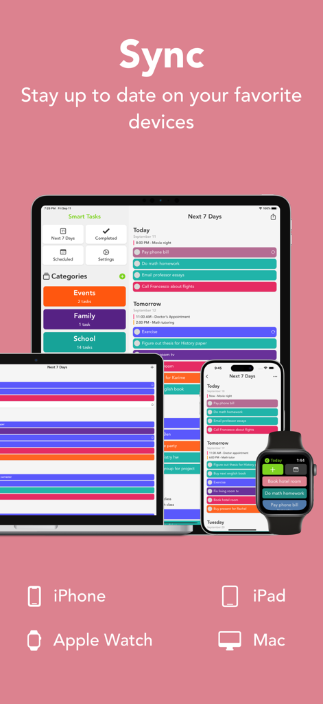 Interfaz de la aplicación Smart Tasks que muestra sincronización fluida entre iPhone, iPad, Mac y Apple Watch.