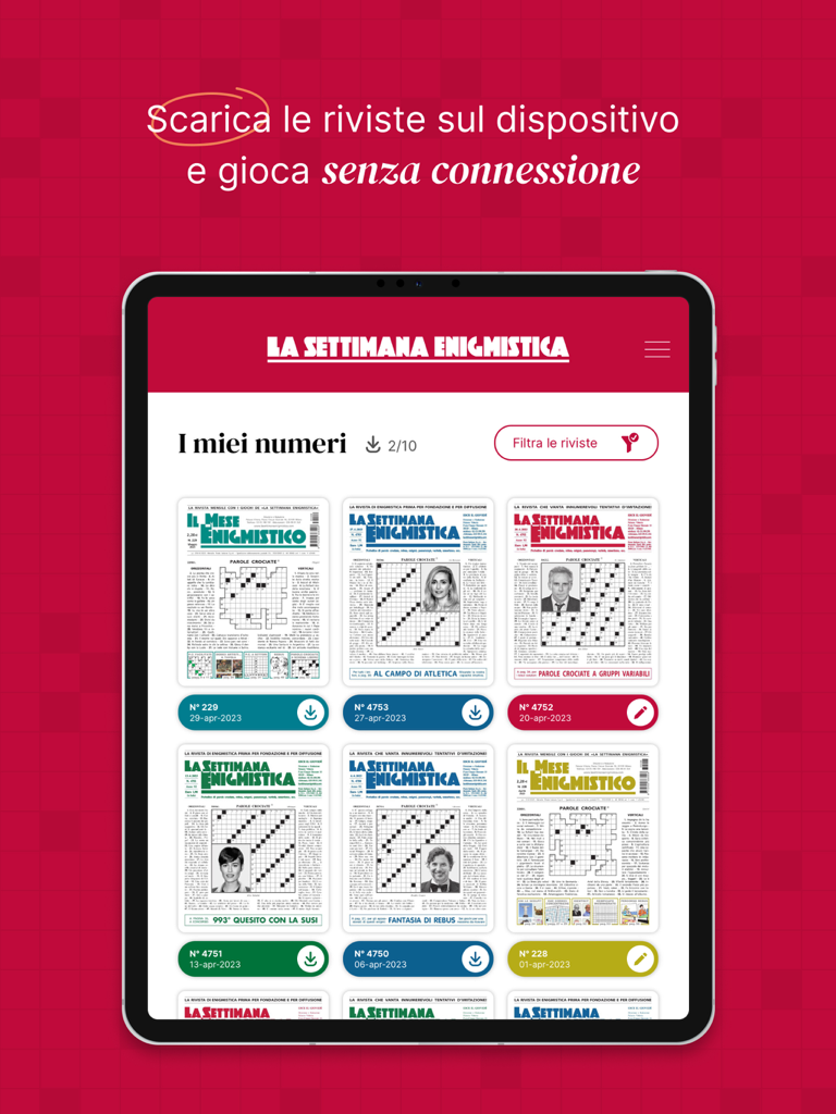 Libreria digitale di riviste di enigmistica italiane su una schermata dell'iPad che mostra diverse edizioni per il gioco offline.
