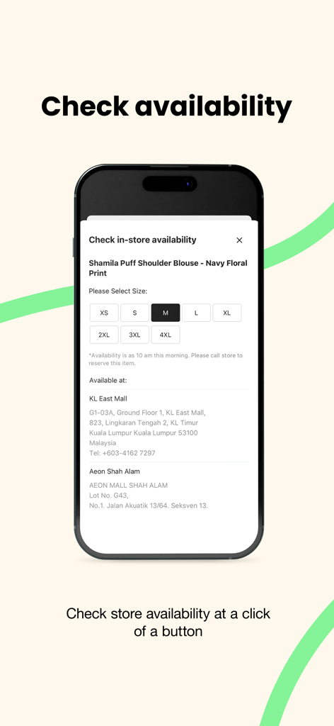 POPLOOK app interface displaying in-store product availability and size selection for a floral blouse