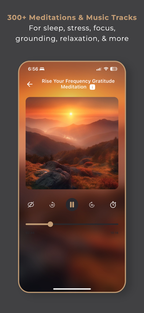 Pura Rasa - Guided meditation player in the Pura Rasa app featuring a gratitude session with a sunset background.