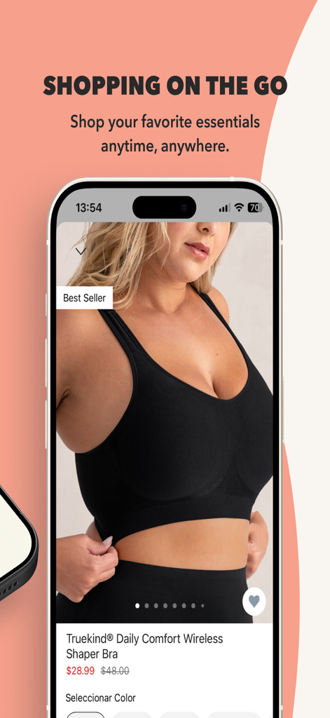 Shapermint: Best Shapewear - Shapermint mobile app display showing a black wireless shaper bra on a product page with the text Shopping On The Go.