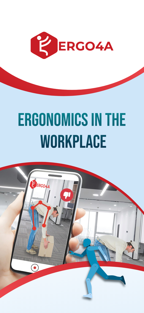 Ergo4All - Smartphone mostrando la aplicación Ergo4All utilizando IA para analizar la postura corporal durante una tarea de levantamiento en una oficina