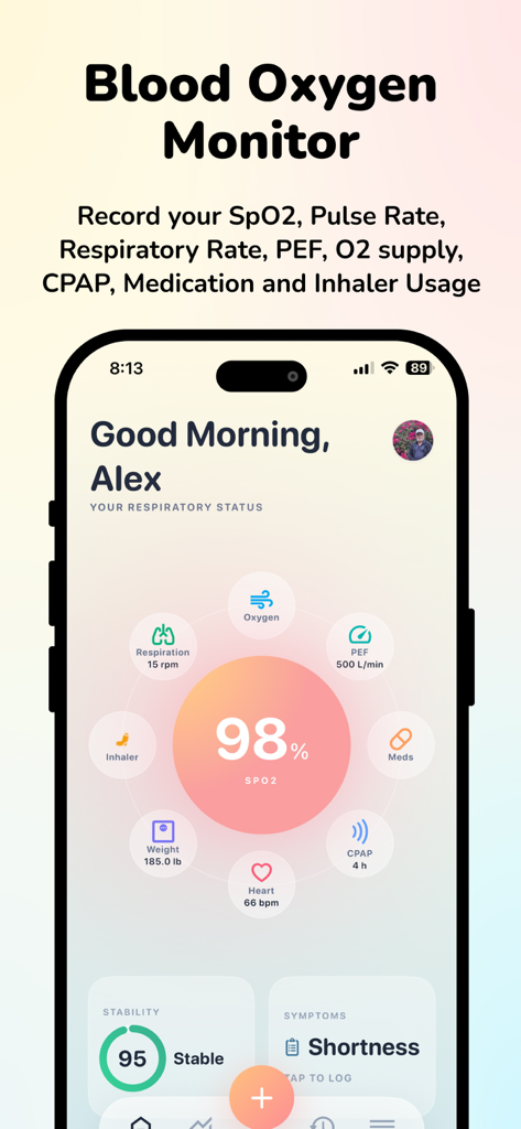 Blood Oxygen Monitor - OxyByte - OxyByte app dashboard displaying blood oxygen SpO2 levels and respiratory health metrics