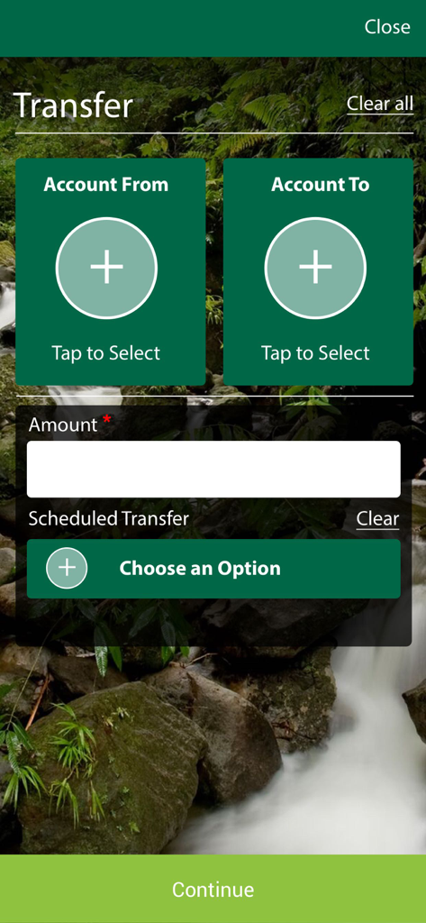 NBD MoBanking - NBD MoBanking funds transfer interface with account selection and amount fields over a waterfall background