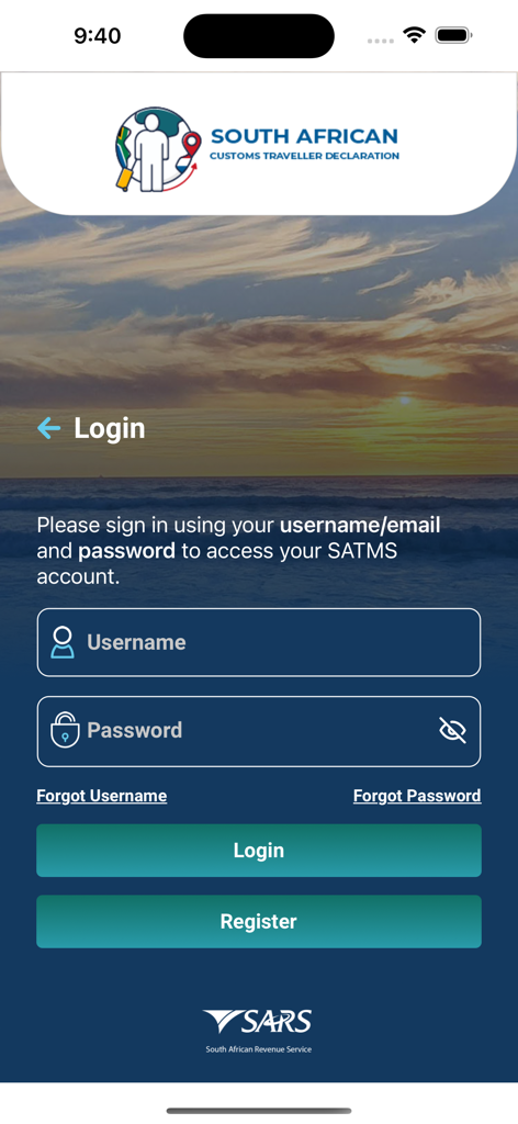 Login screen for the South African Customs Traveller Declaration app