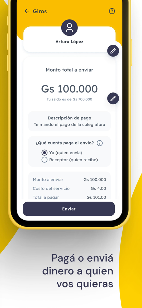 Billetera Tigo Money Paraguay - Oberfläche zum Senden von Geld an einen Kontakt in der Tigo Money Paraguay App