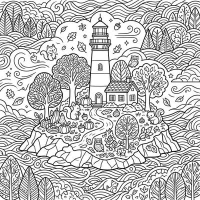 Step into a whimsical autumn scene with this delightful island lighthouse coloring page. Featuring charming woodland elements and crisp fall details, it's perfect for a relaxing creative session.