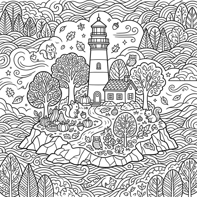 Step into a whimsical autumn scene with this delightful island lighthouse coloring page. Featuring charming woodland elements and crisp fall details, it's perfect for a relaxing creative session.