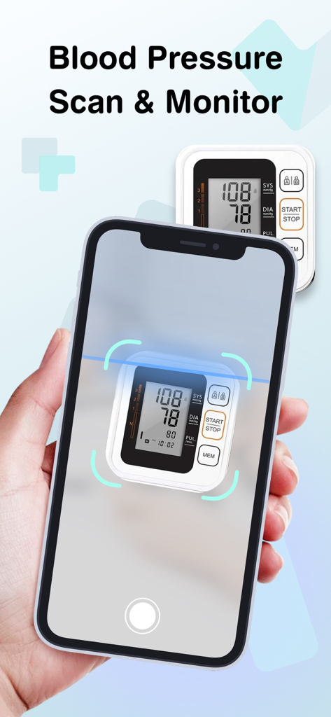 BP Health: Blood Pressure Log - An iPhone using its camera to scan a digital blood pressure monitor screen for automatic data logging.