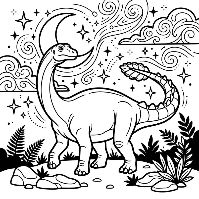 Discover the ancient world with our Shunosaurus coloring page, set against a stunning night sky adorned with the moon and stars. This unique design offers a peaceful prehistoric scene, perfect for a relaxing coloring experience.