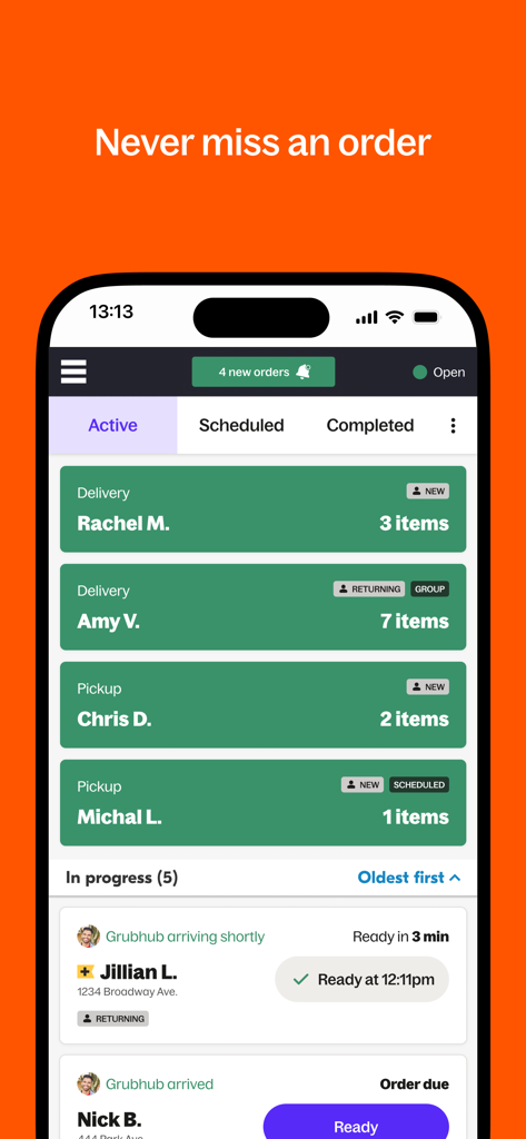 Interface do aplicativo Grubhub for Restaurants exibindo gerenciamento de pedidos ativos e rastreamento em tempo real.