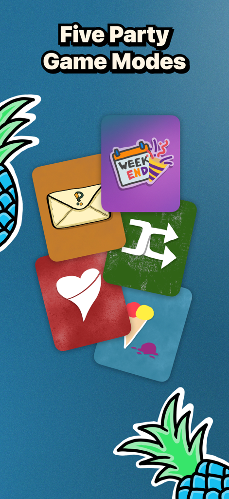 100 Questions • Party Exposed - Display of five party game mode cards including Weekend and Random packs in the 100 Questions app