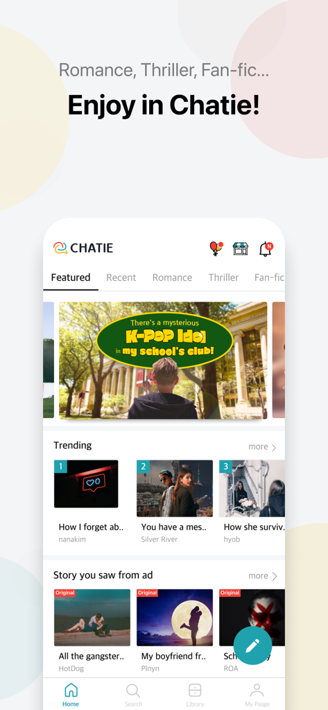 Tela inicial do aplicativo Chatie mostrando histórias de chat em destaque e categorias populares como romance e fan fiction.