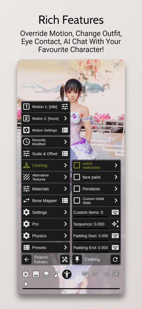 Interfaz de la aplicación DanceXR que muestra la personalización del personaje 3D y la configuración de movimiento