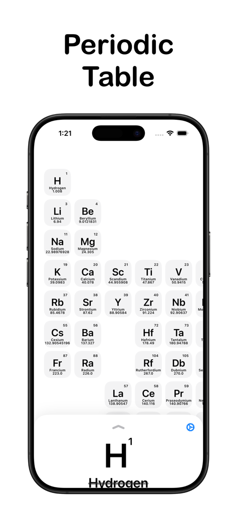 Chemistry Periodic Table 2026 - Interfaz minimalista de tabla periódica en la pantalla de un smartphone que muestra elementos químicos en un diseño 3D limpio