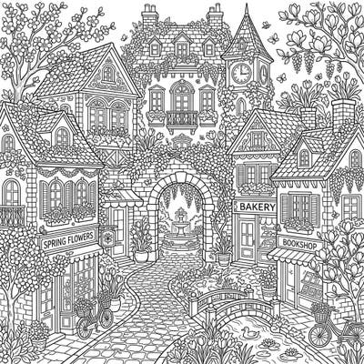 Immerse yourself in the beauty of a quaint spring village with this incredibly detailed coloring page. Explore charming architecture adorned with vibrant blossoms, inviting you to add your personal touch to every corner.