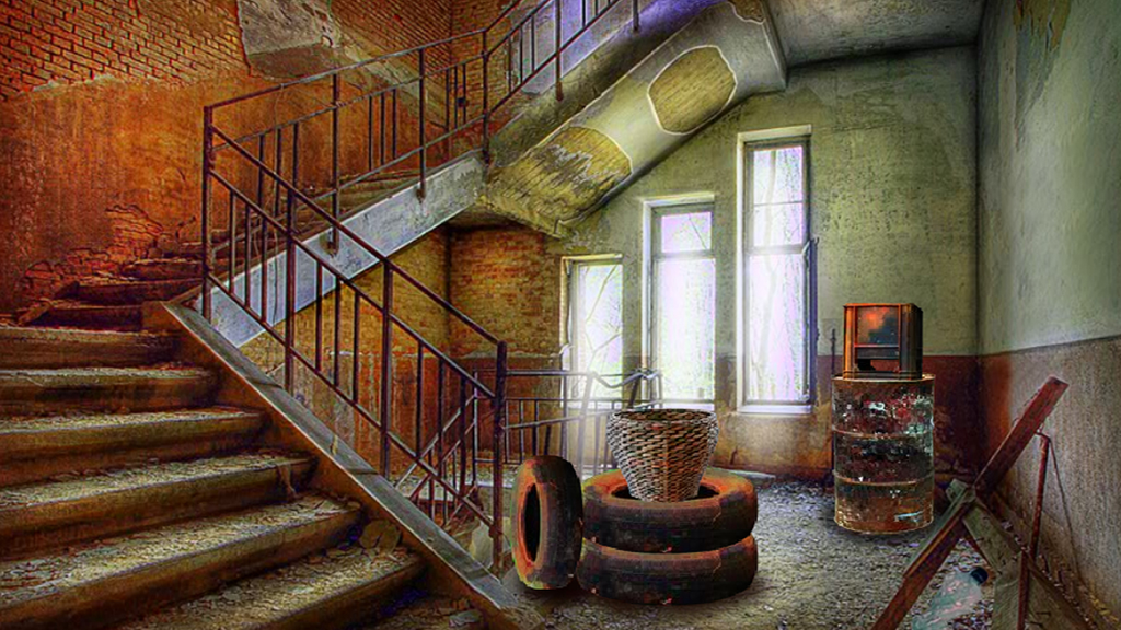 Can You Escape Abandoned House - Un escalier à l'intérieur d'un bâtiment abandonné avec des objets cachés comme des pneus et un panier