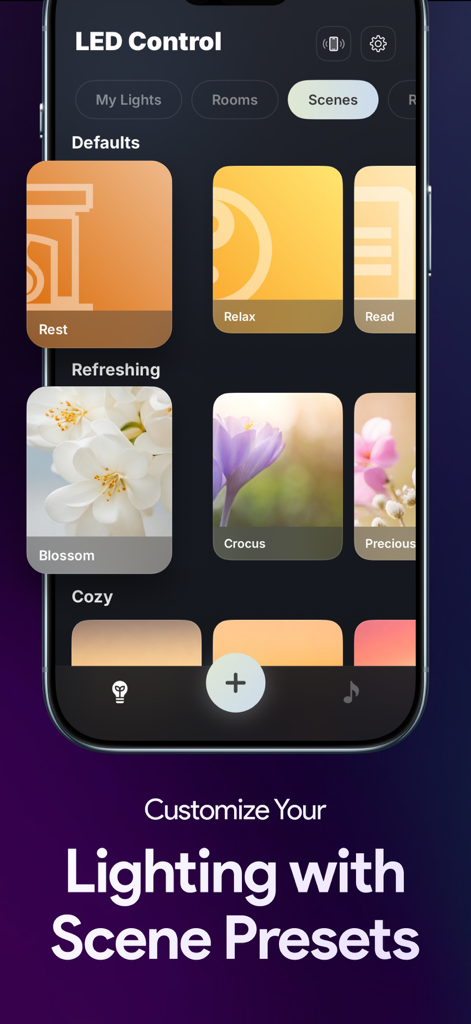 LED Light Controller & Remote - A smartphone screen displaying various lighting scene presets such as Rest, Relax, and Blossom in the LED Control app.