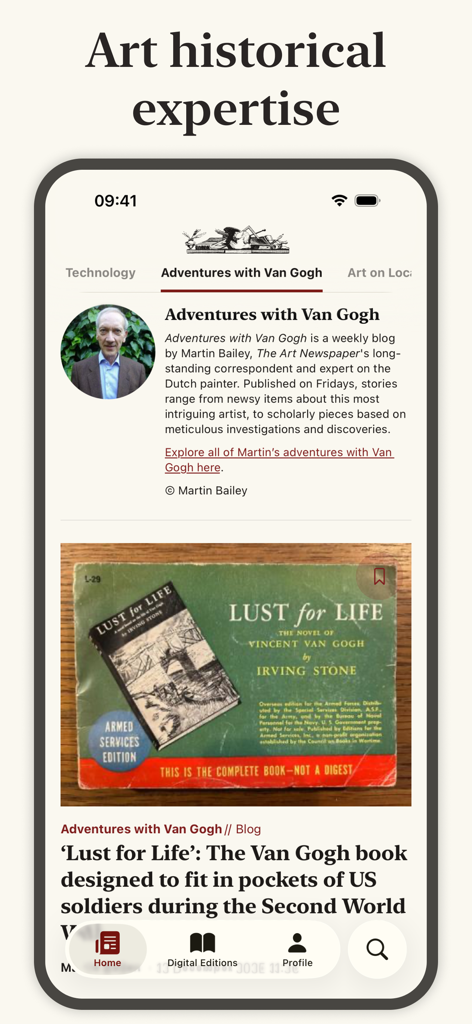 The Art Newspaper - The Art Newspaper mobile app interface featuring an art historical article about Van Gogh