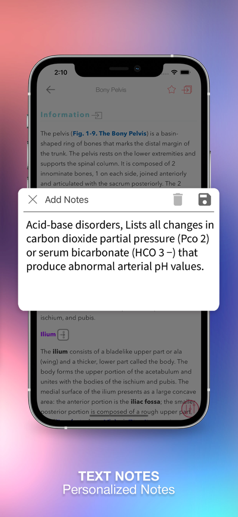 Interface showing the personalized text notes feature within the Harrison's Manual Medicine medical app.