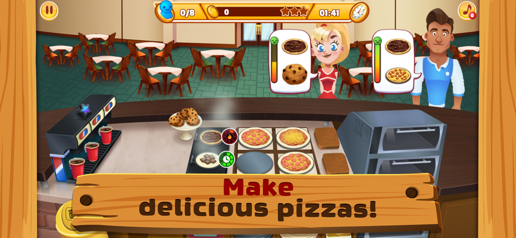 Pizza Shop 2: Cooking Games - Un écran de jeu de simulation de cuisine montrant la préparation de pizzas et des clients attendant au comptoir