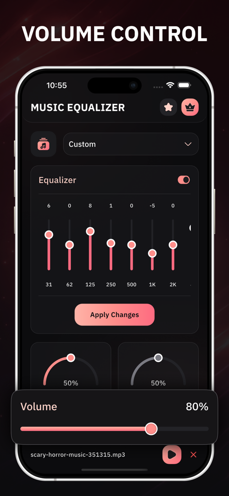 Music Equalizer - Bass Booster - Music Equalizer app interface showing a volume control slider and custom frequency settings for bass boosting.