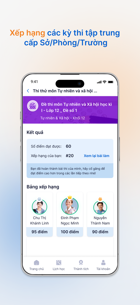vnEdu LMS - vnEdu LMS app interface showing exam results and a student leaderboard
