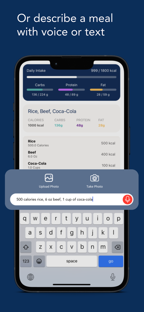 Sano: Photo Calorie Tracking - Sano app screen showing a user tracking a meal using text description with macro breakdown