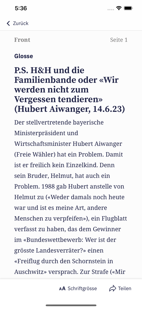 Reading mode of a German news article in the SonntagsZeitung E-Paper app