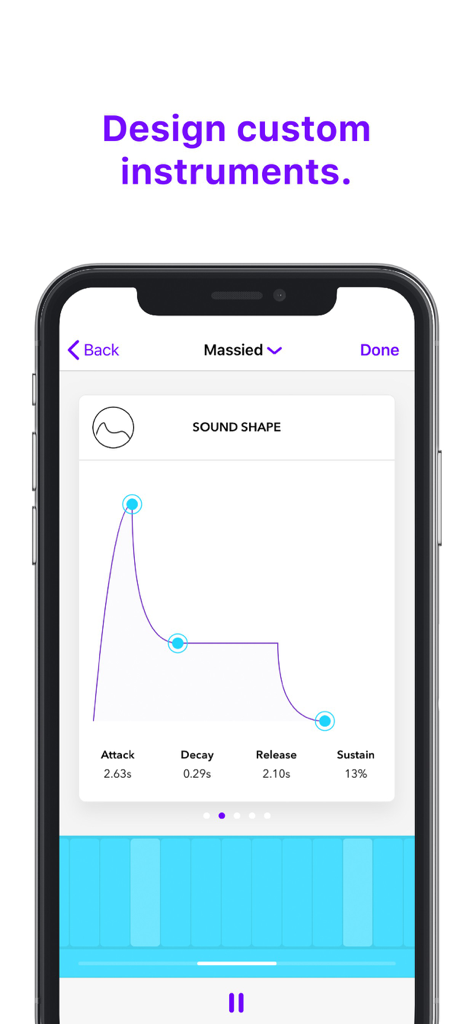 Beatwaveモバイルアプリのインターフェース。アタック、ディケイ、リリース、サステインコントロールを備えたカスタム楽器のサウンドシェイプデザインを表示