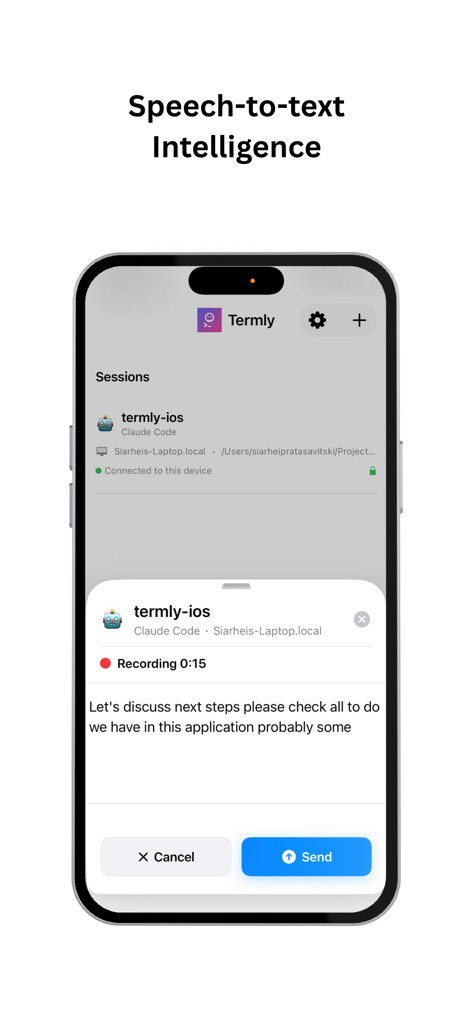 Termly - Interface do aplicativo móvel Termly mostrando gravação de voz de fala para texto para prompts de codificação de IA em um iPhone.