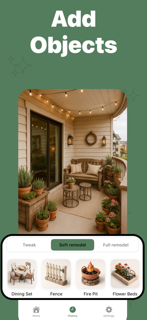 AI Garden Design: Yardly - Interfaz de la aplicación Yardly de diseño de jardines con IA que muestra cómo agregar muebles y plantas a un balcón acogedor