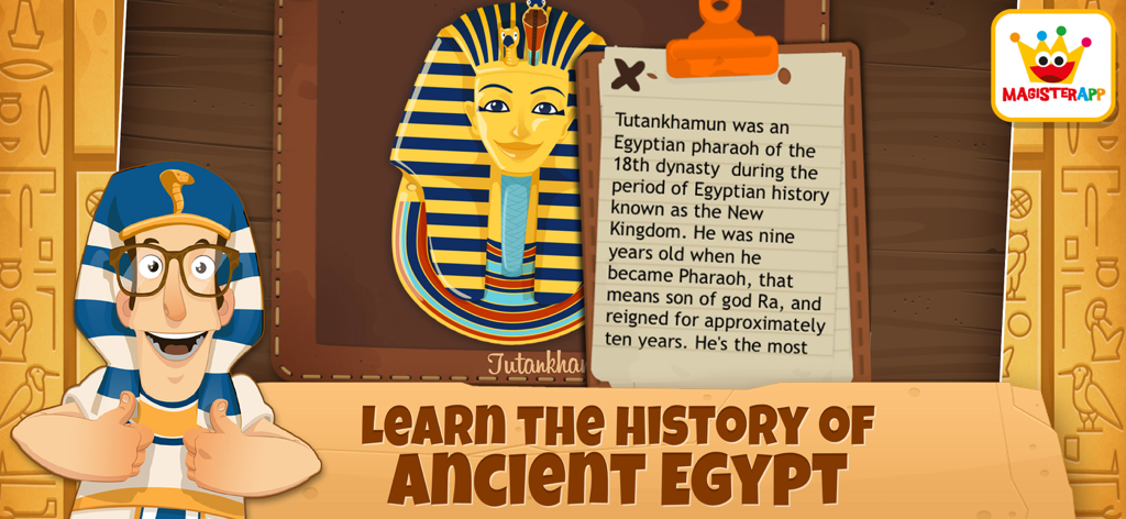 ファラオ・ツタンカーメンと黄金のマスクに関する事実を特徴とする考古学者エジプトキッズゲームの教育画面