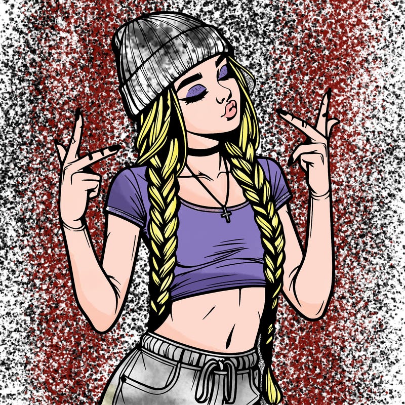 realistic teenage girl with braids and a beanie and crop top doing 🫶🏼