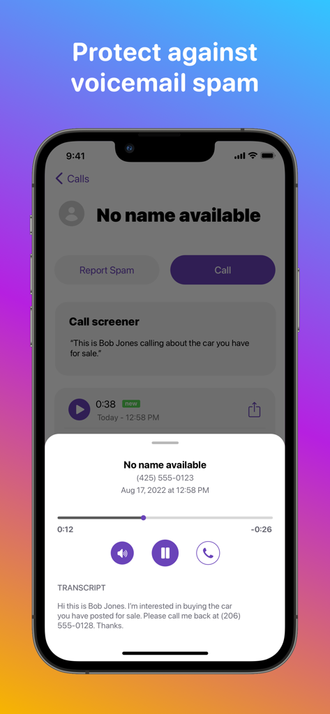 Hiya: Spam Blocker & Caller ID - Screenshot dell'app Hiya che mostra una trascrizione della segreteria per identificare i chiamanti e bloccare lo spam
