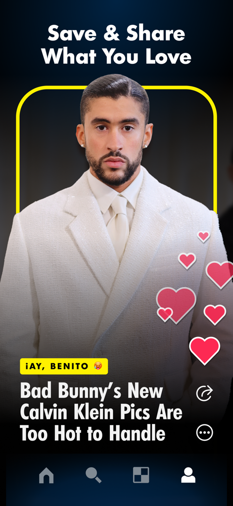 PEOPLE: Pop Culture & Puzzles - A celebrity news story about Bad Bunny in the PEOPLE app with social sharing and heart icons.