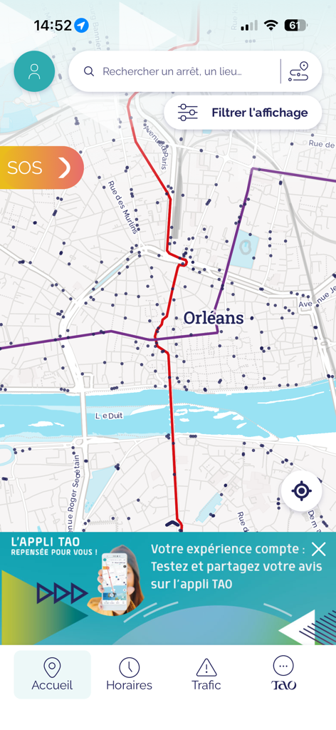 Tao Orléans - Map interface of the Tao Orléans app showing public transportation routes and stops in the city.