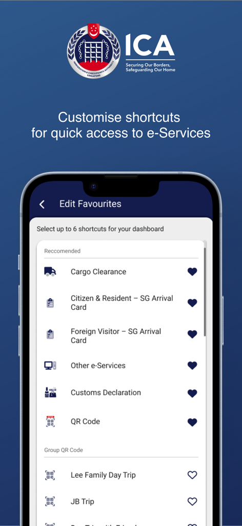 MyICA Mobile - Smartphone screen showing the MyICA Mobile app Edit Favourites menu with options for SG Arrival Card and Customs Declaration.