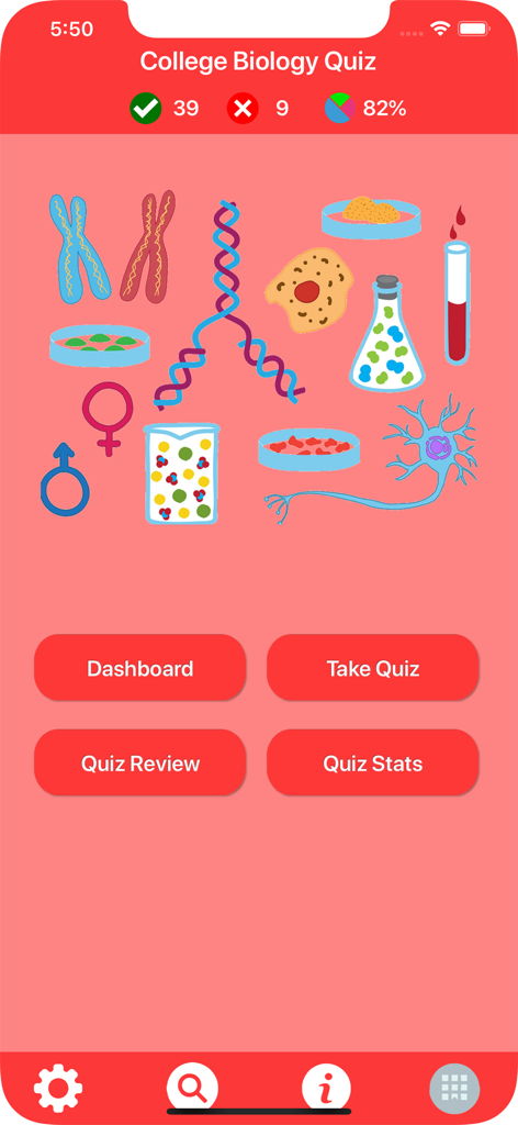 College Biology Quiz - Home screen of the College Biology Quiz app showing biology icons and navigation buttons for dashboard, quiz, and statistics.