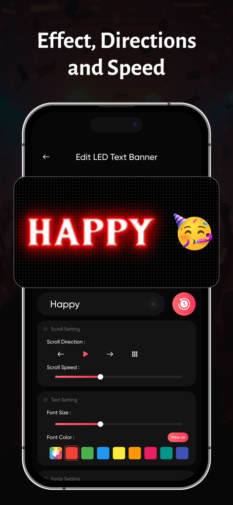 LED Text Banner : Scroll LED - Interfaz de la aplicación móvil para personalizar la dirección de desplazamiento de la velocidad del texto LED y la configuración de color