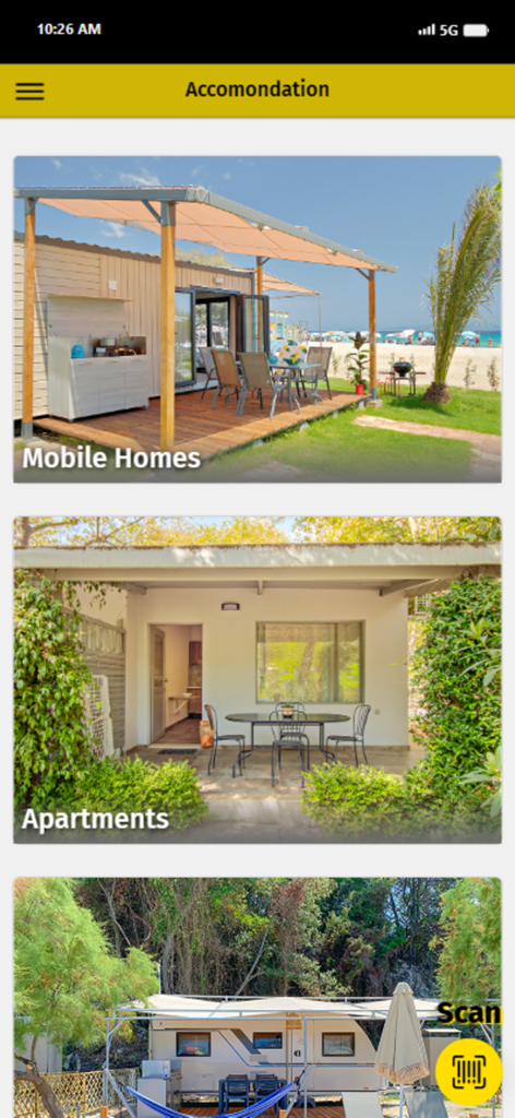 Armenistis - Pantalla que muestra diferentes opciones de alojamiento como casas móviles y apartamentos en la app Armenistis