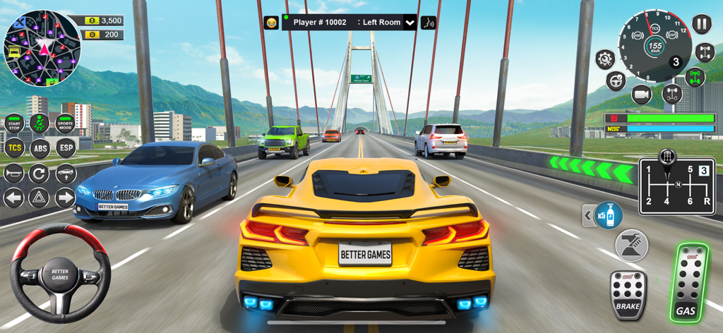 A yellow hypercar driving on a suspension bridge in an open world car simulator game with detailed dashboard controls.
