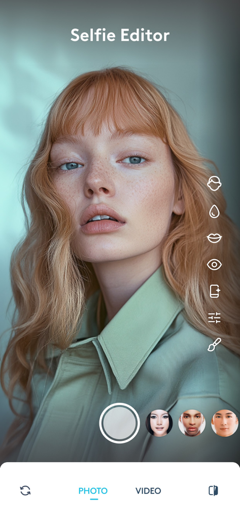 Facetune mobile app interface showing a portrait in the selfie editor with various retouching tool icons.